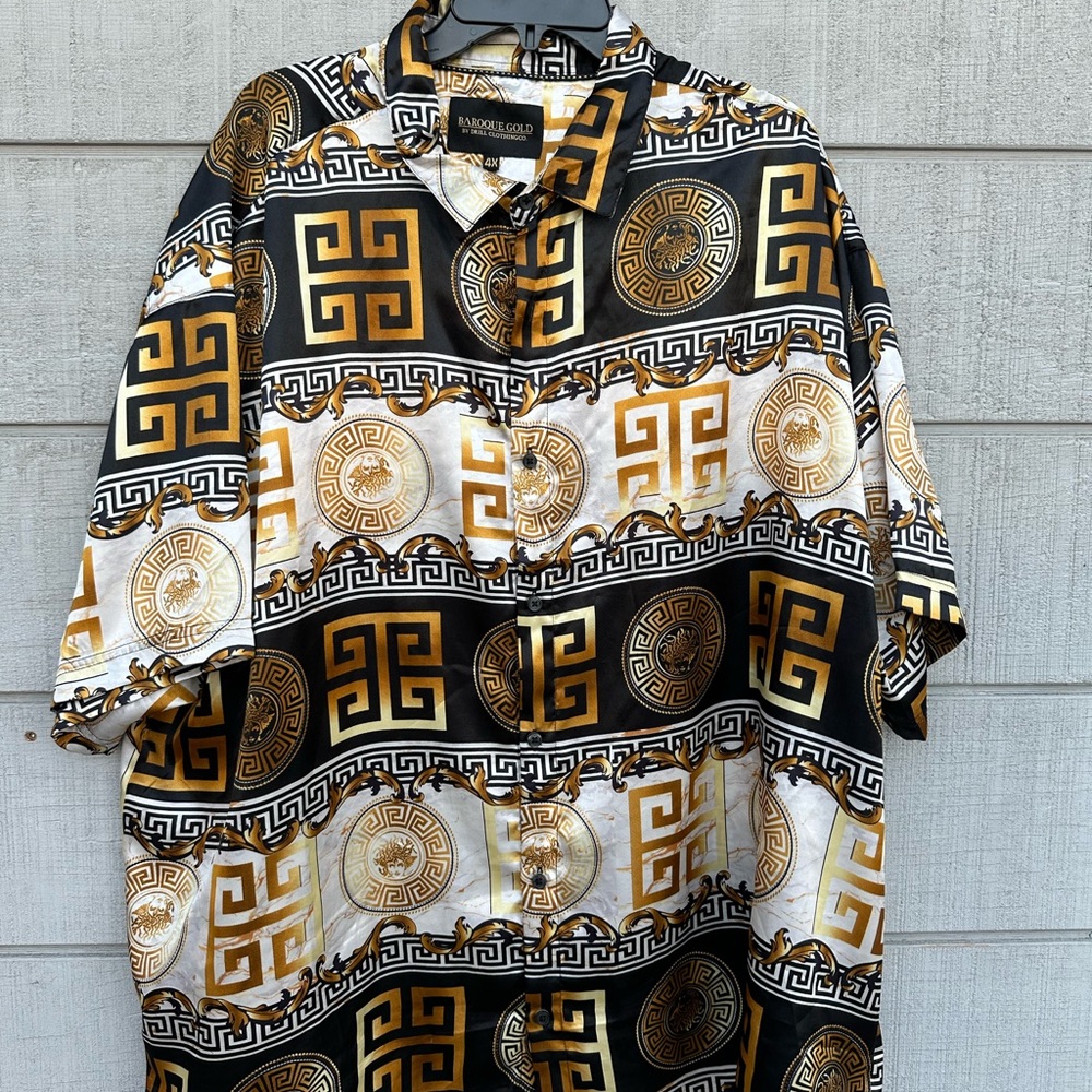Mens Black Gold  Dress Shirt Luxury Baroque Print Casual Short Sleeve size 4X.